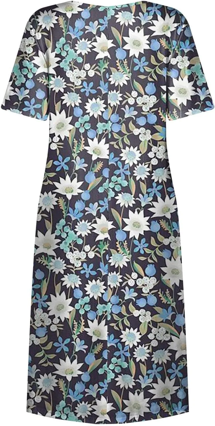 Womens Dresses Summer Short Sleeve Boho Floral Print Midi Dress Loose Casual Fashion Beach Sundresses