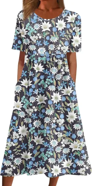 Womens Dresses Summer Short Sleeve Boho Floral Print Midi Dress Loose Casual Fashion Beach Sundresses