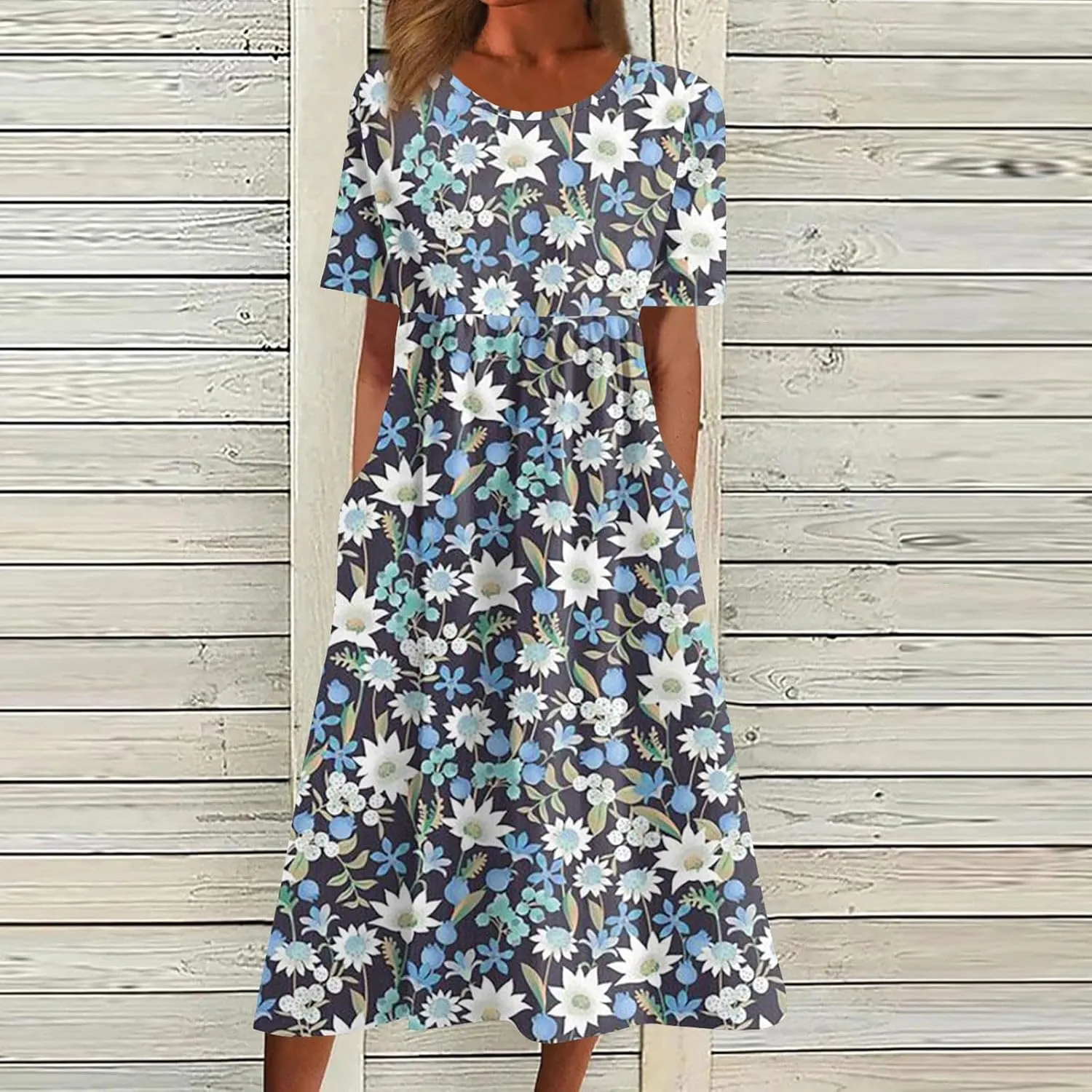 Womens Dresses Summer Short Sleeve Boho Floral Print Midi Dress Loose Casual Fashion Beach Sundresses