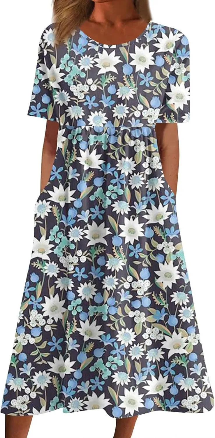 Womens Dresses Summer Short Sleeve Boho Floral Print Midi Dress Loose Casual Fashion Beach Sundresses