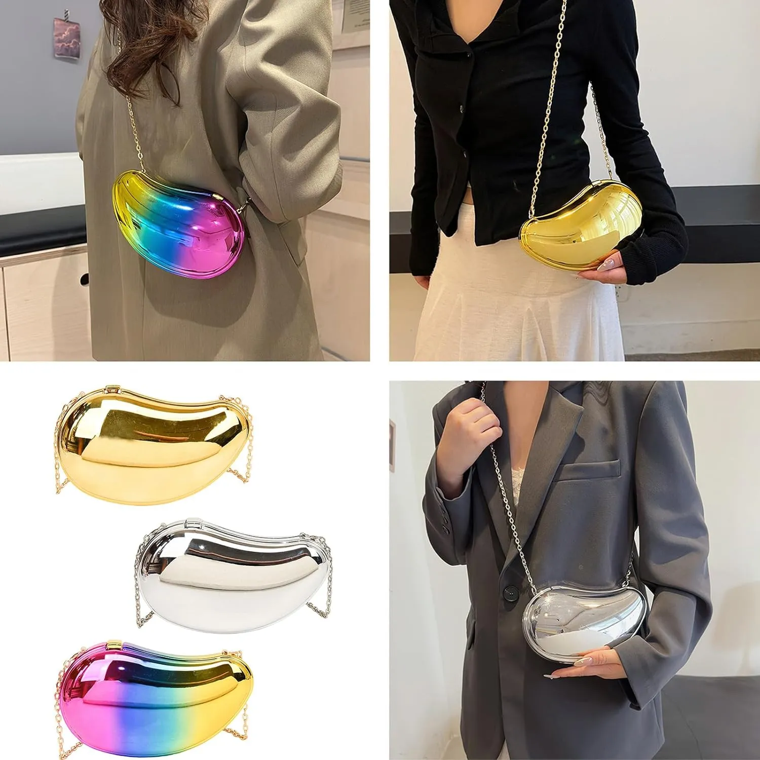 Womens Evening Clutches Bag Mangos Shape Evening Handbag Chain Strap Crossbody Bag Metallic Acrylic Shoulder Bag