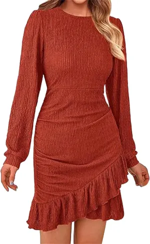 Women's Fall Ruched Bodycon Mini Dress Long Puff Sleeve Ruffle Fitted Cocktail Dresses