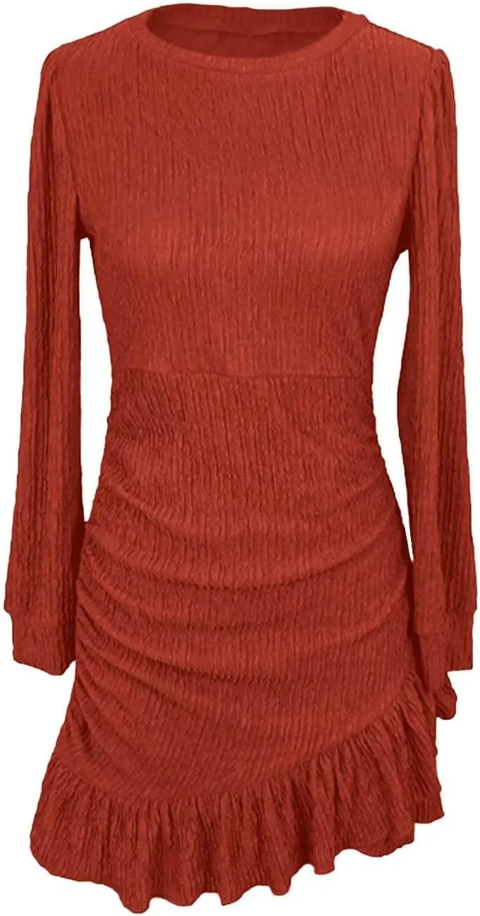 Women's Fall Ruched Bodycon Mini Dress Long Puff Sleeve Ruffle Fitted Cocktail Dresses