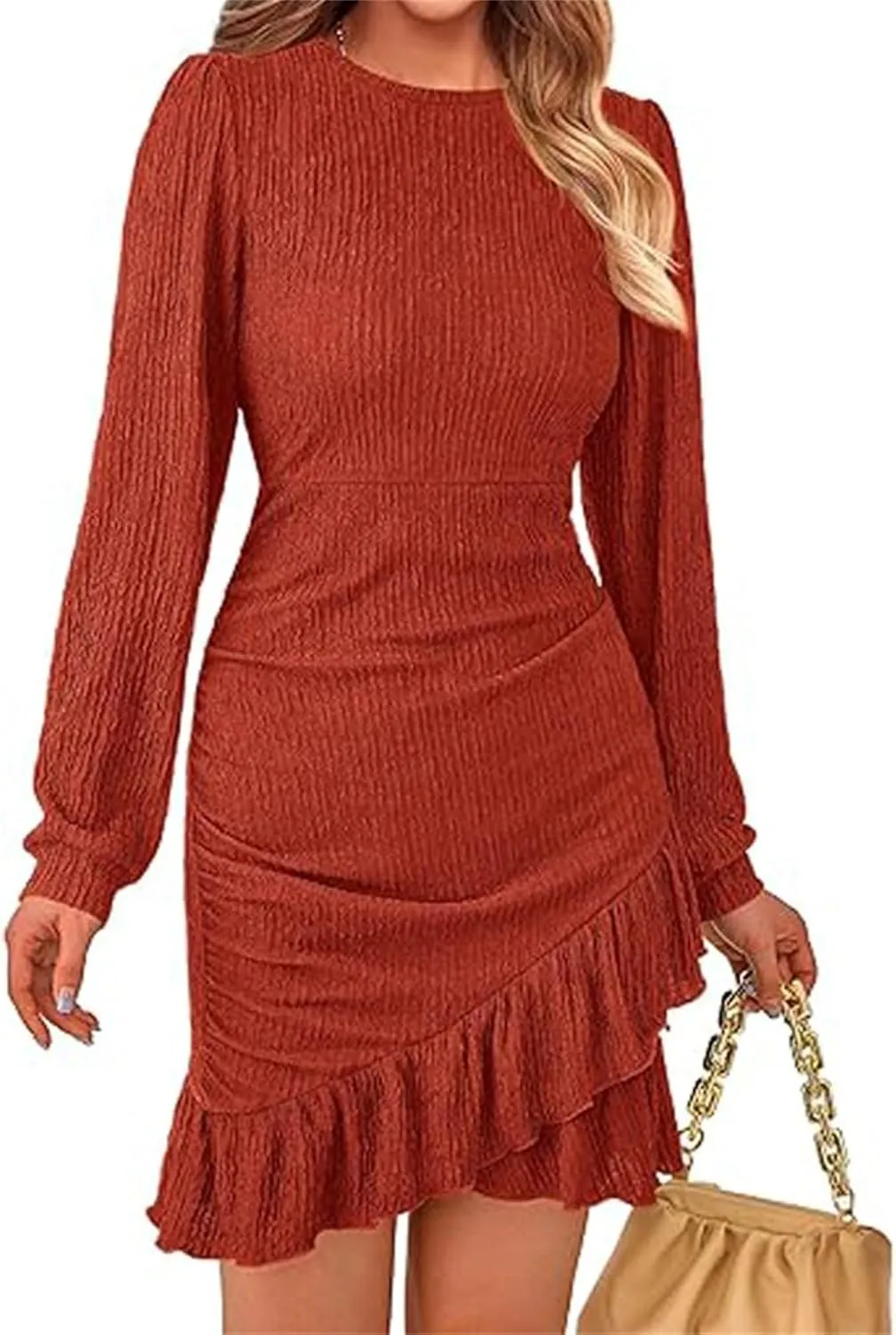 Women's Fall Ruched Bodycon Mini Dress Long Puff Sleeve Ruffle Fitted Cocktail Dresses
