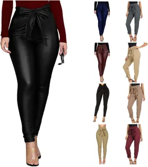 Women's Faux Leather Pants High Waisted PU Leggings Stretchy Tights Solid Pencil Pants with Bow Tie Belt and Pockets