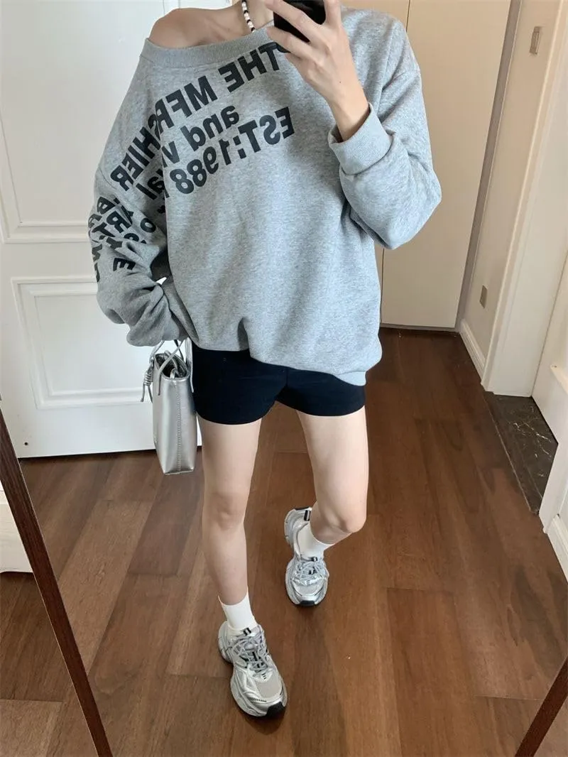 Womens Grey Vintage Street Sweatshirt T-shirt Letter Printing Long Sleeves Casual Warm Oversize Baggy Ladies Autumn Top