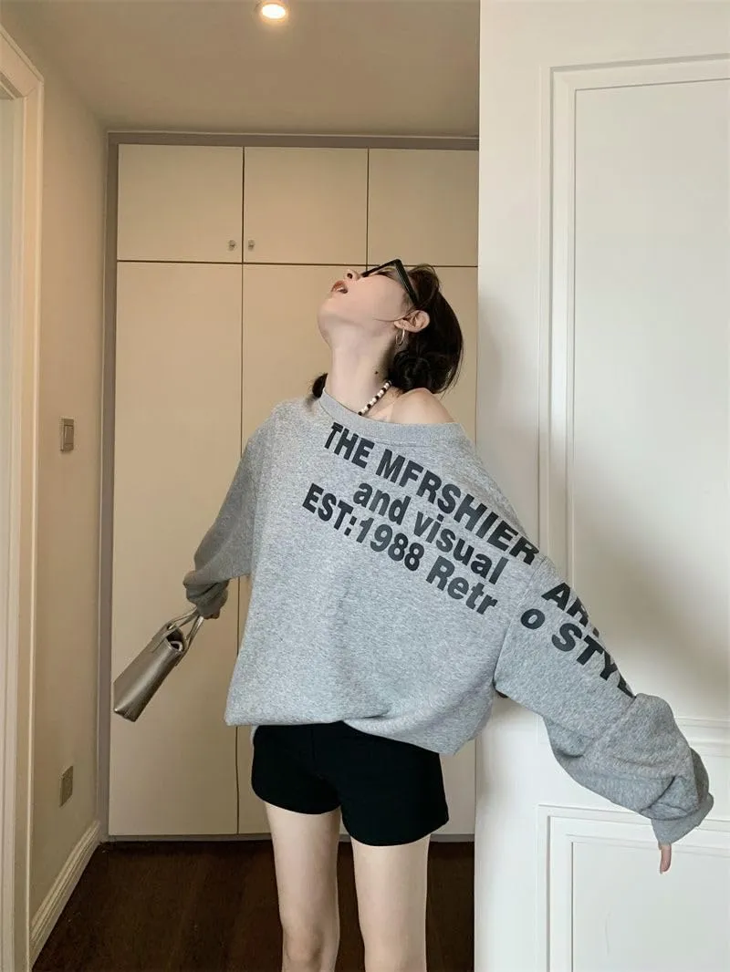 Womens Grey Vintage Street Sweatshirt T-shirt Letter Printing Long Sleeves Casual Warm Oversize Baggy Ladies Autumn Top