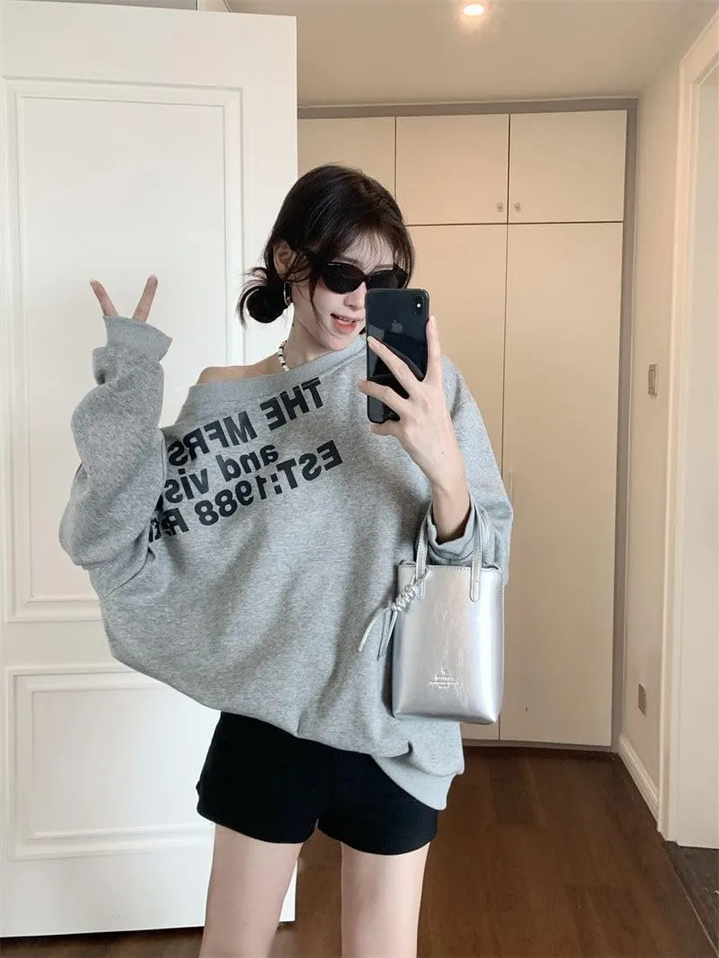 Womens Grey Vintage Street Sweatshirt T-shirt Letter Printing Long Sleeves Casual Warm Oversize Baggy Ladies Autumn Top
