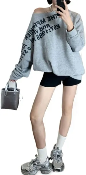 Womens Grey Vintage Street Sweatshirt T-shirt Letter Printing Long Sleeves Casual Warm Oversize Baggy Ladies Autumn Top