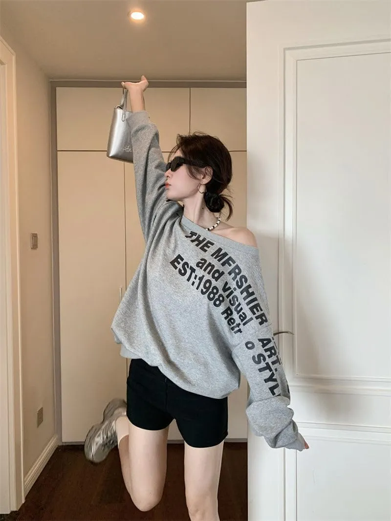 Womens Grey Vintage Street Sweatshirt T-shirt Letter Printing Long Sleeves Casual Warm Oversize Baggy Ladies Autumn Top