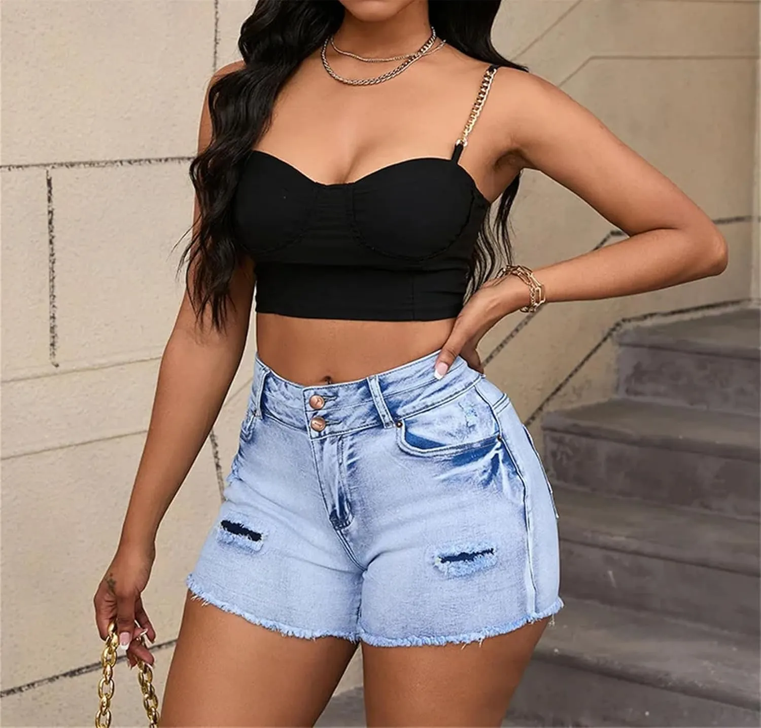 Women's High Waisted Fashion Straight Leg Ripped Denim Shorts Washed Distressed Skinny Jeans