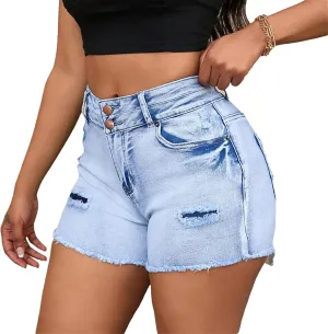 Women's High Waisted Fashion Straight Leg Ripped Denim Shorts Washed Distressed Skinny Jeans