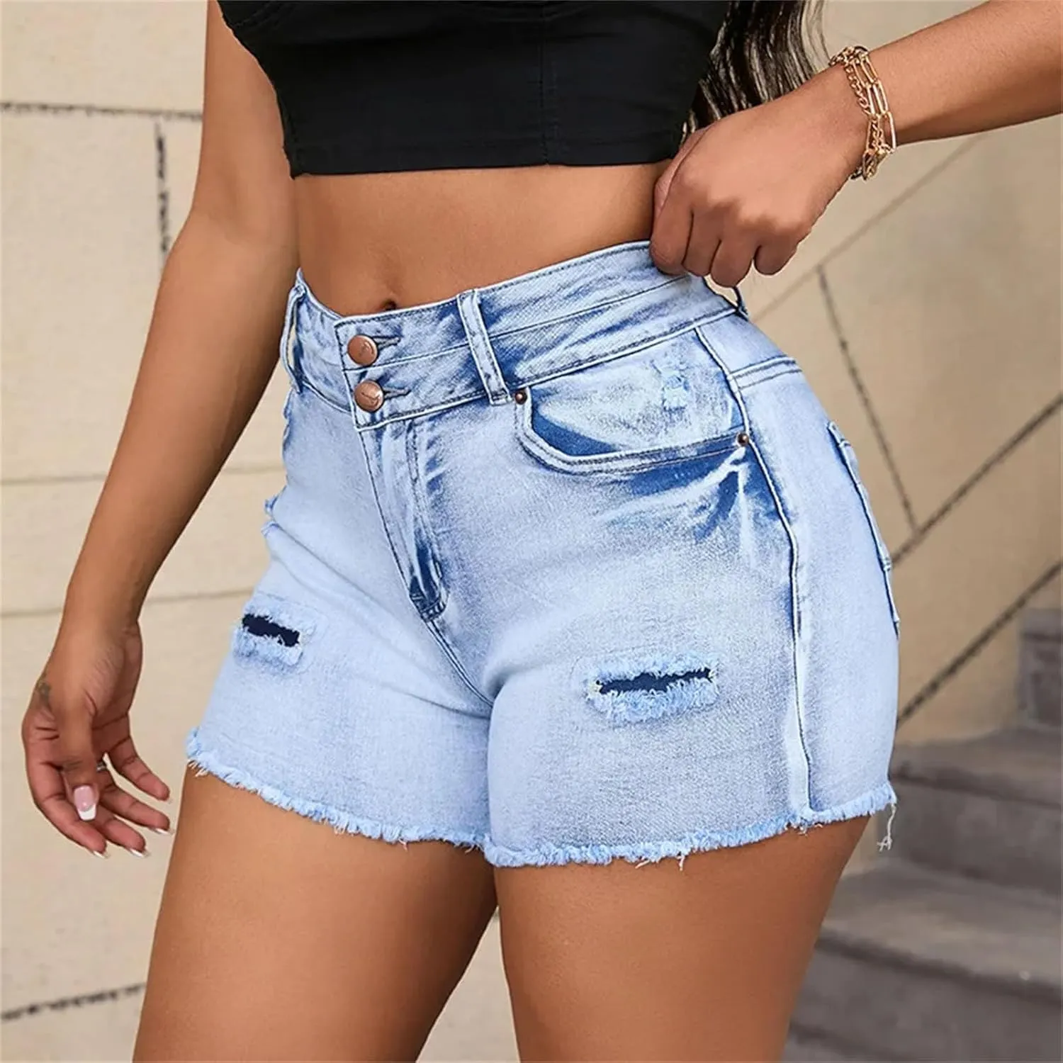 Women's High Waisted Fashion Straight Leg Ripped Denim Shorts Washed Distressed Skinny Jeans