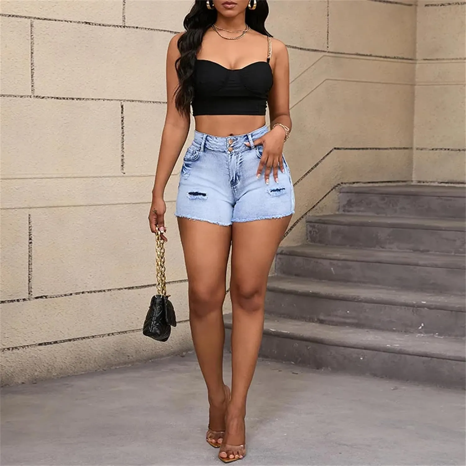 Women's High Waisted Fashion Straight Leg Ripped Denim Shorts Washed Distressed Skinny Jeans