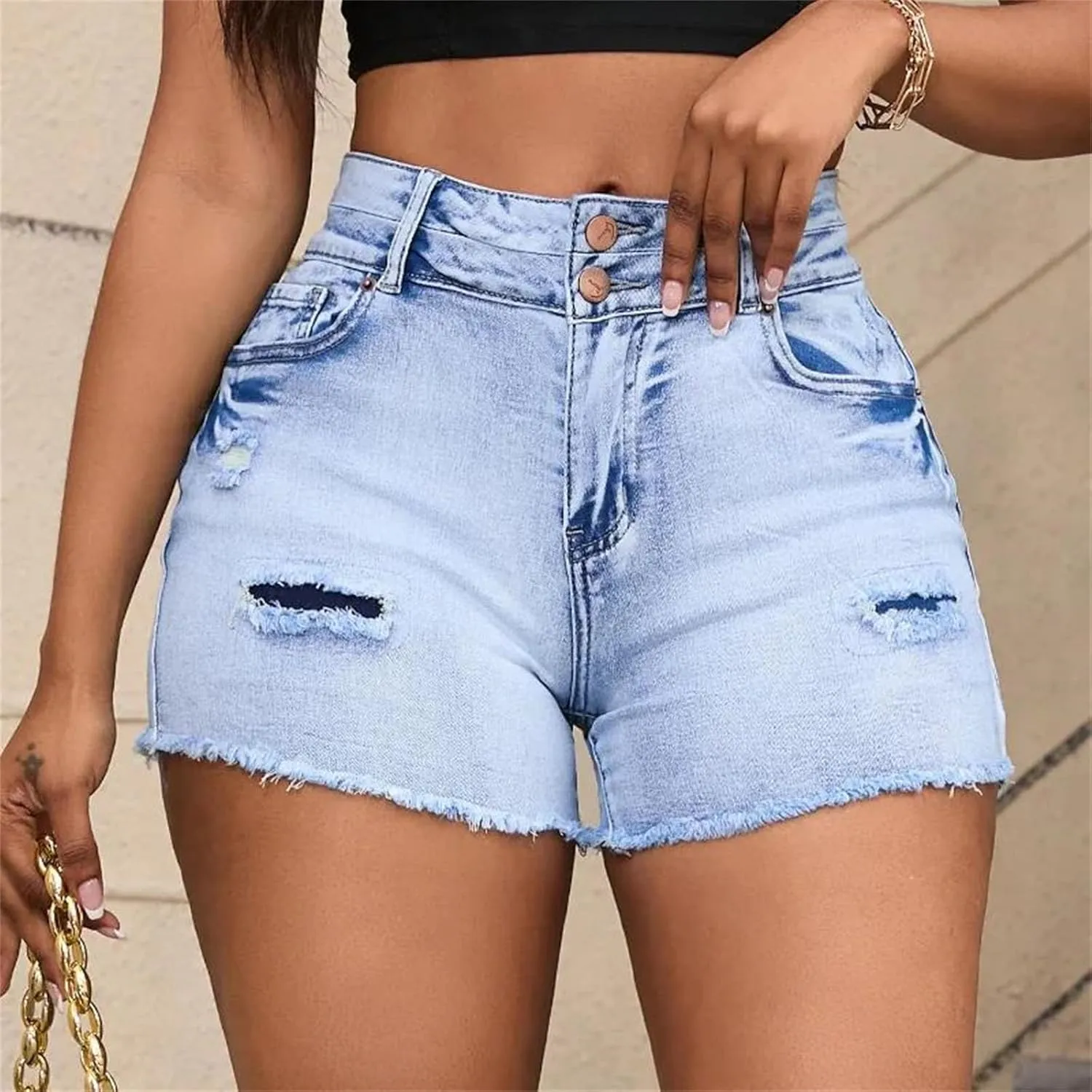 Women's High Waisted Fashion Straight Leg Ripped Denim Shorts Washed Distressed Skinny Jeans