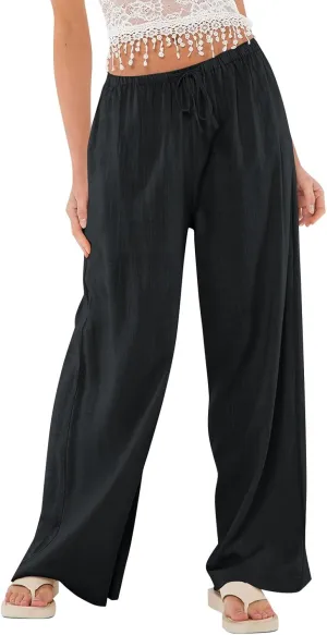 Women's Linen Pants Summer Drawstring High Waisted Palazzo Pants Casual Wide Leg Pant Lounge Trouser with Pockets
