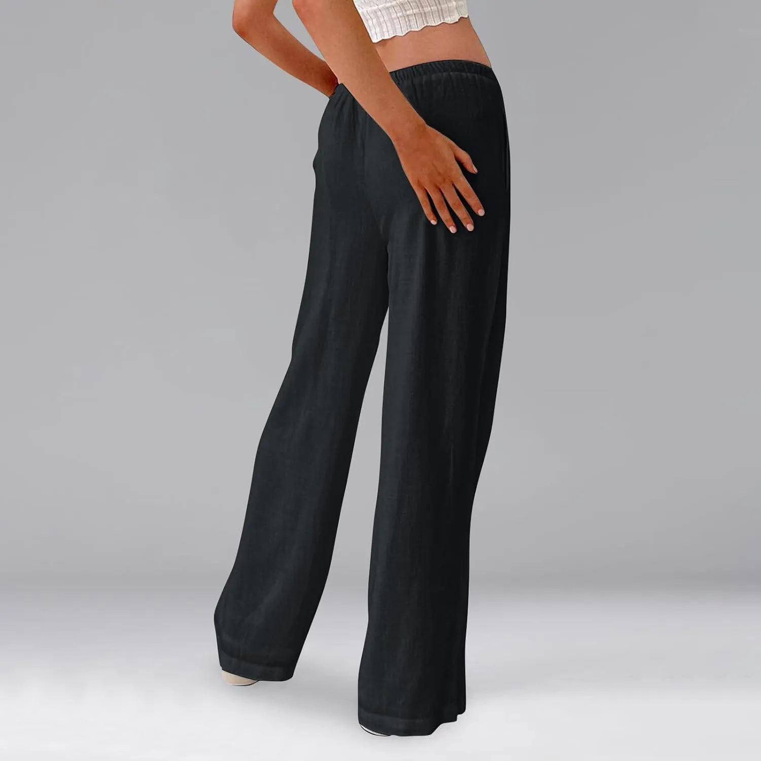 Women's Linen Pants Summer Drawstring High Waisted Palazzo Pants Casual Wide Leg Pant Lounge Trouser with Pockets