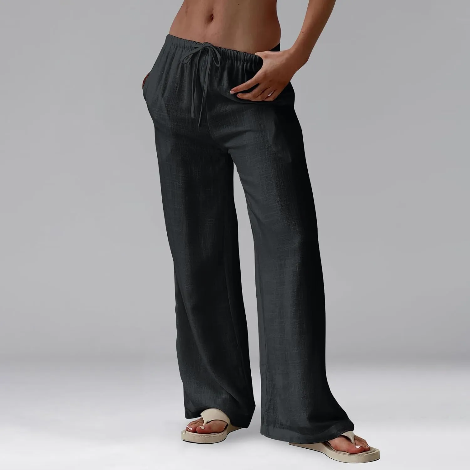 Women's Linen Pants Summer Drawstring High Waisted Palazzo Pants Casual Wide Leg Pant Lounge Trouser with Pockets