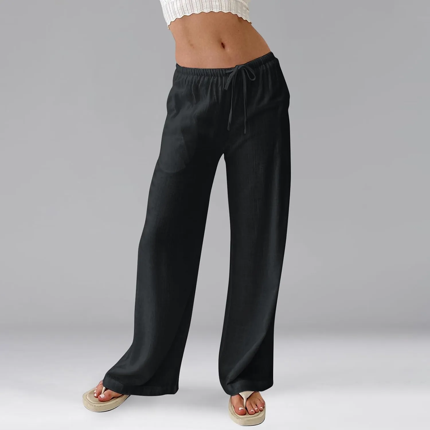 Women's Linen Pants Summer Drawstring High Waisted Palazzo Pants Casual Wide Leg Pant Lounge Trouser with Pockets