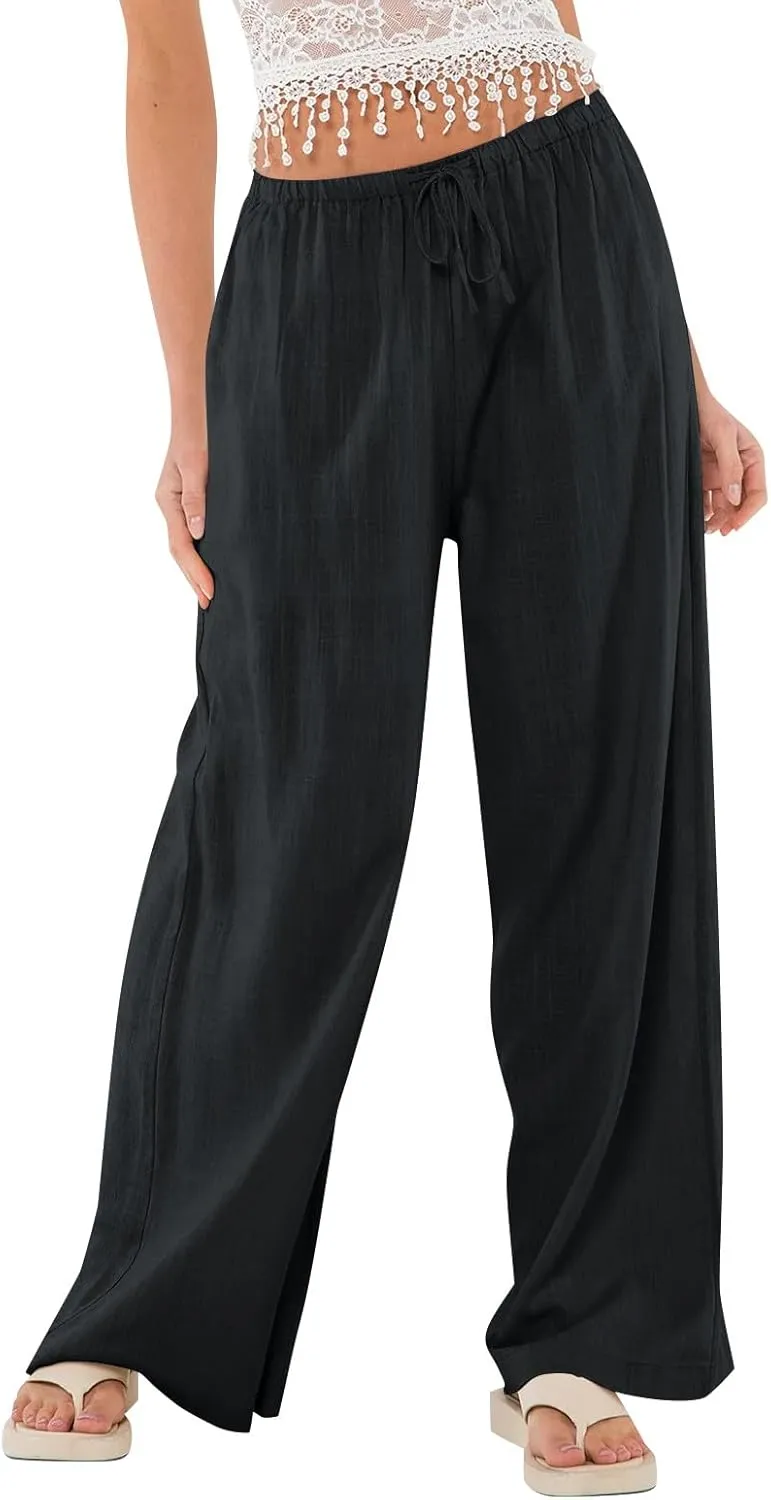 Women's Linen Pants Summer Drawstring High Waisted Palazzo Pants Casual Wide Leg Pant Lounge Trouser with Pockets