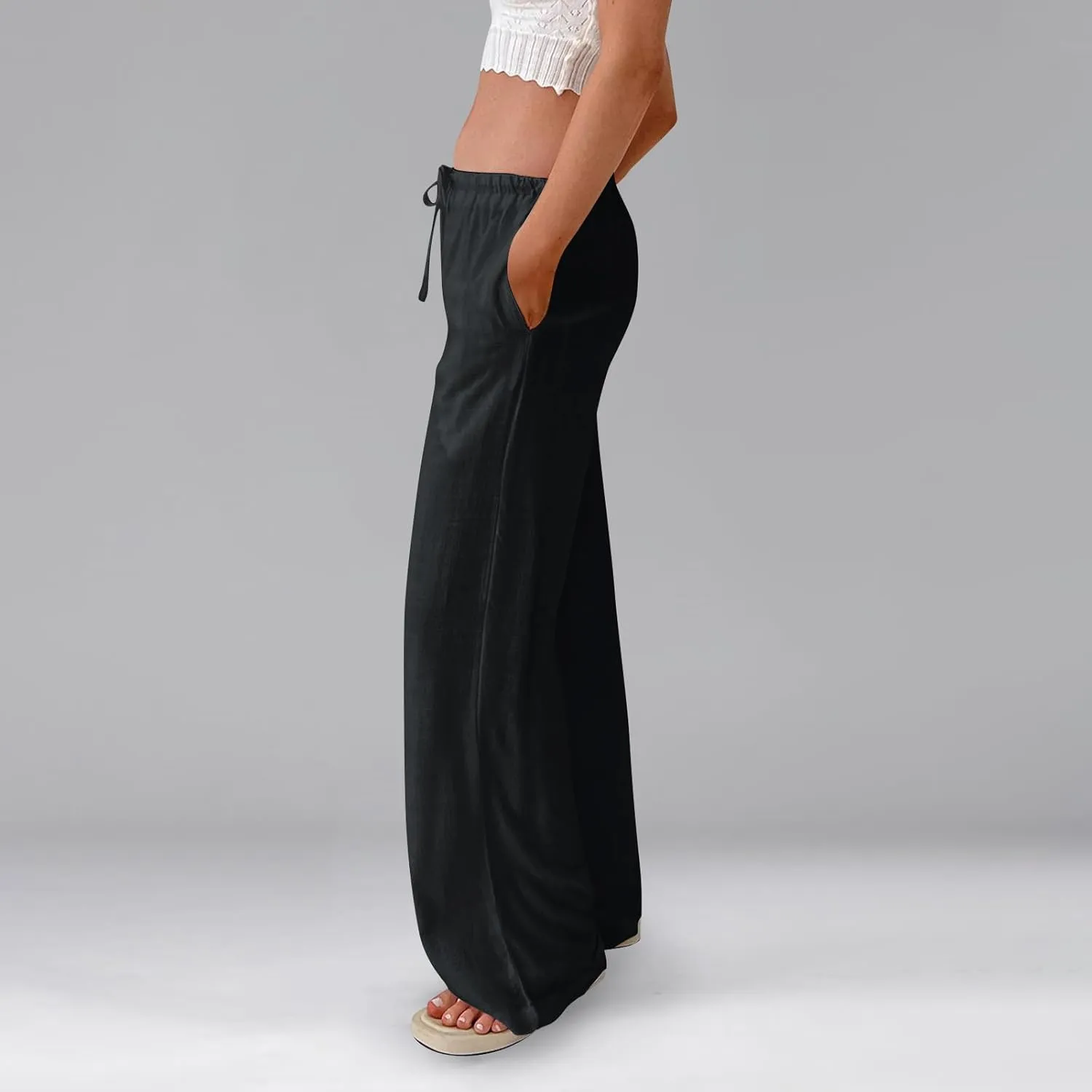 Women's Linen Pants Summer Drawstring High Waisted Palazzo Pants Casual Wide Leg Pant Lounge Trouser with Pockets