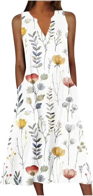 Womens Loose A Line 2025 Midi Dresses Cute Flower Graphic Print Sundress V-Neck Flowy Tank Beach Dress