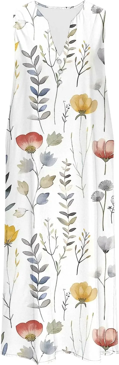 Womens Loose A Line 2025 Midi Dresses Cute Flower Graphic Print Sundress V-Neck Flowy Tank Beach Dress