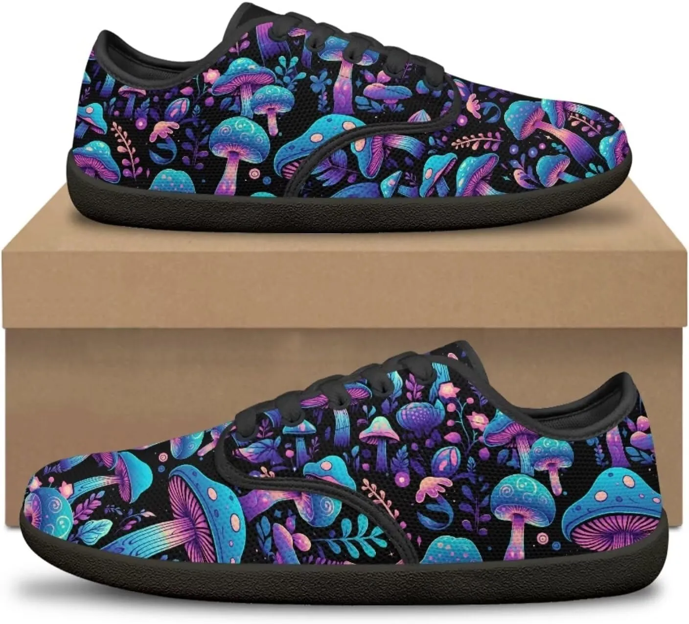 Womens Mushroom Print Barefoot Shoes Wide Toe Zero Drop Casual Sneakers Lace Up Non Slip Walking Footwear