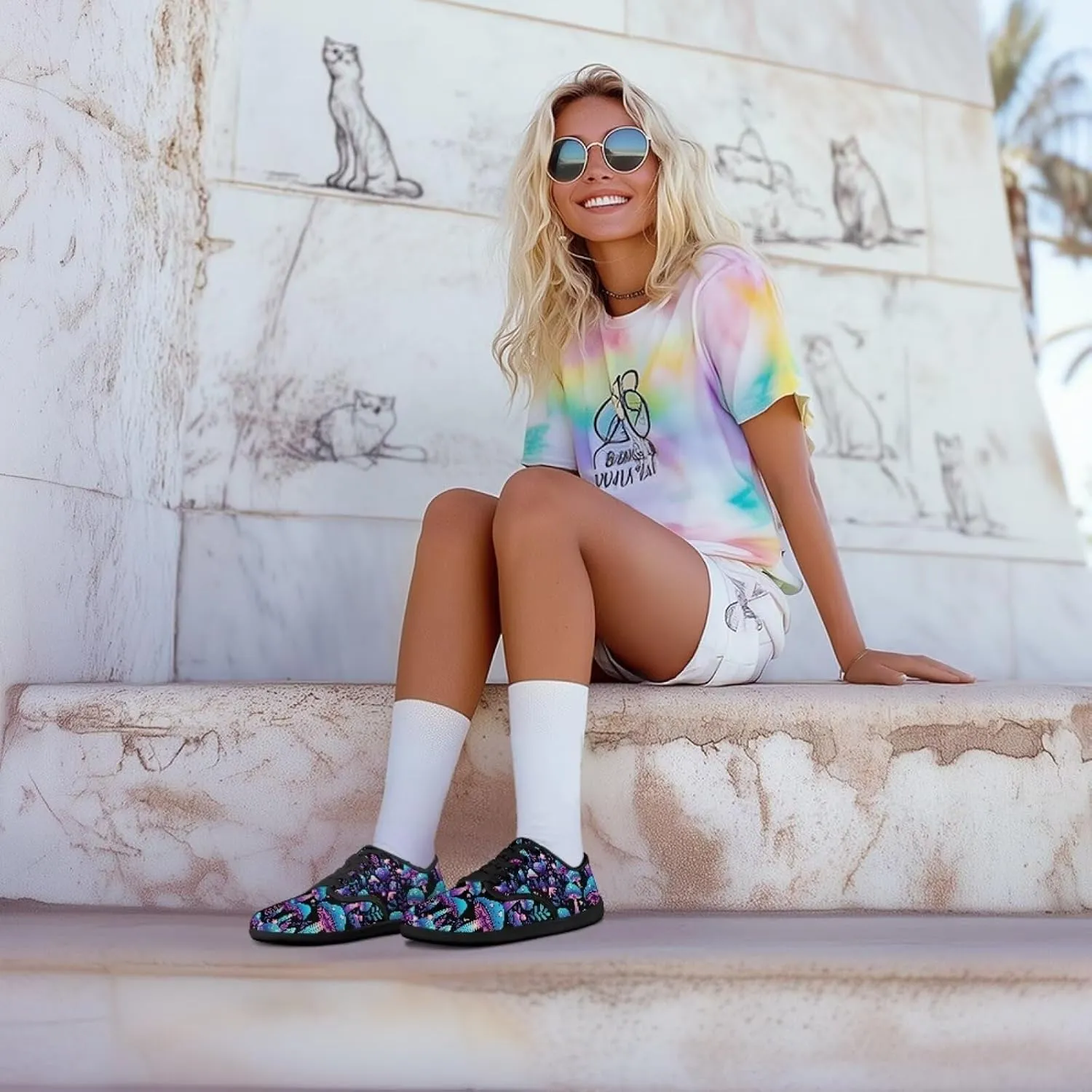 Womens Mushroom Print Barefoot Shoes Wide Toe Zero Drop Casual Sneakers Lace Up Non Slip Walking Footwear