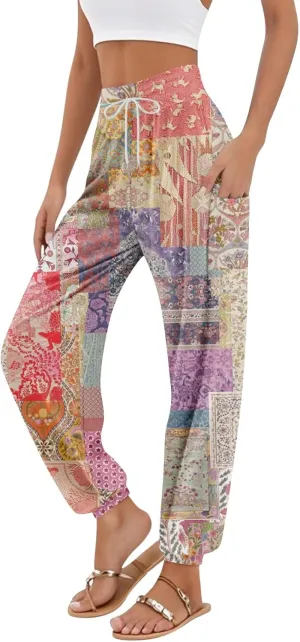 Womens Palazzo Pants High Waisted Elastic Drawstring Casual Pants Harem Plaid Summer Lounge Outfit 2025 Pockets