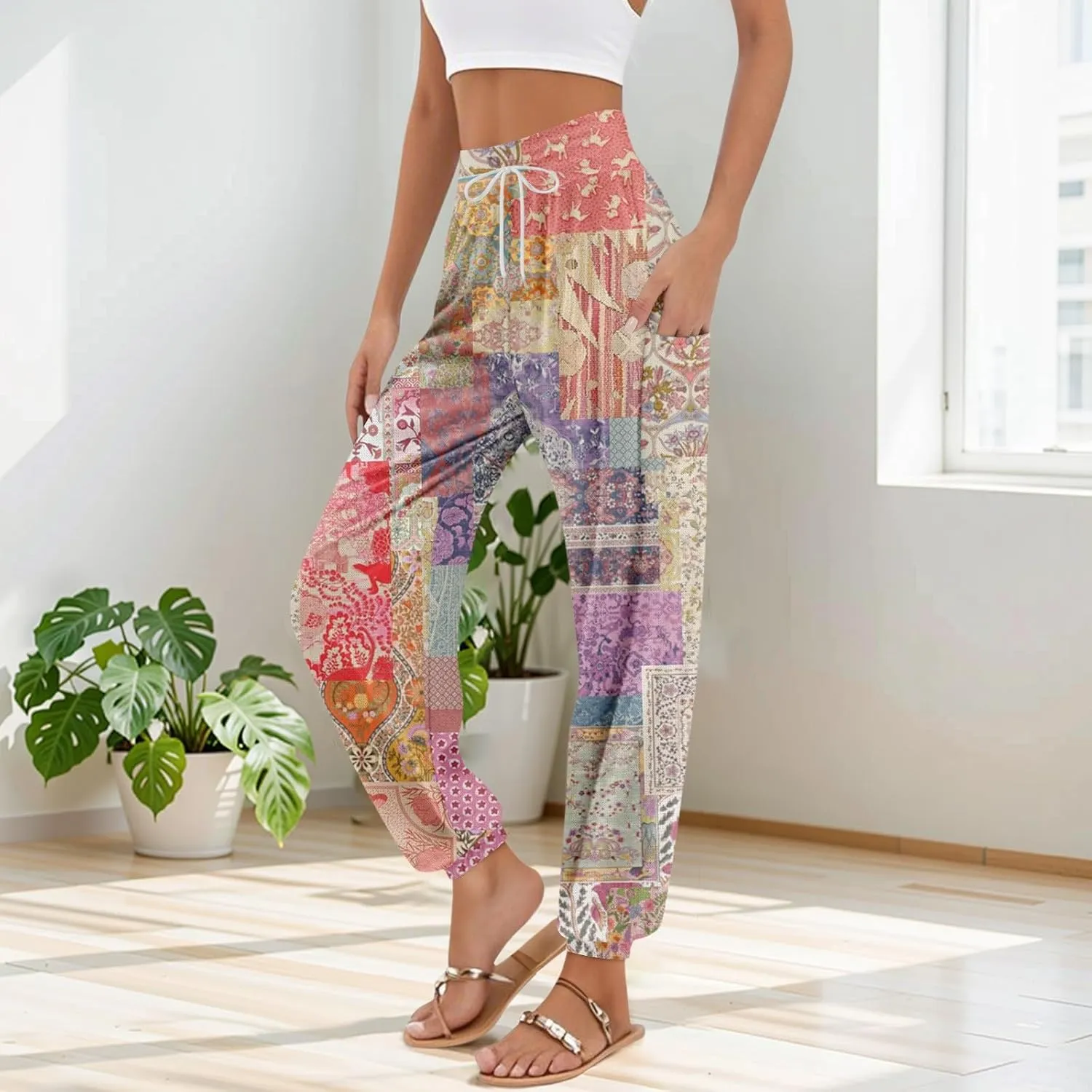 Womens Palazzo Pants High Waisted Elastic Drawstring Casual Pants Harem Plaid Summer Lounge Outfit 2025 Pockets