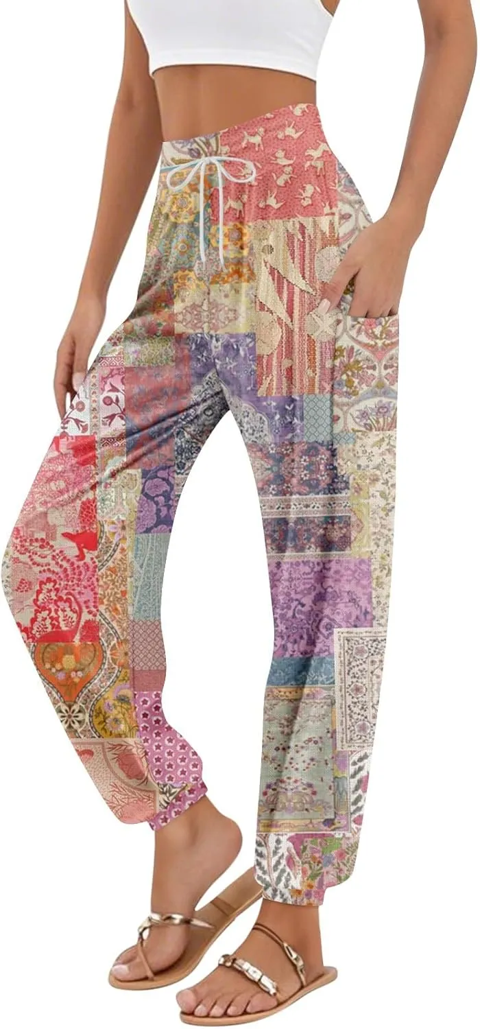 Womens Palazzo Pants High Waisted Elastic Drawstring Casual Pants Harem Plaid Summer Lounge Outfit 2025 Pockets