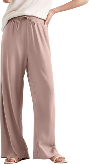 Women's Pants Wide Leg High Waisted Trousers Dressy Casual Drawstring Pleated Pull On Vacation Pants