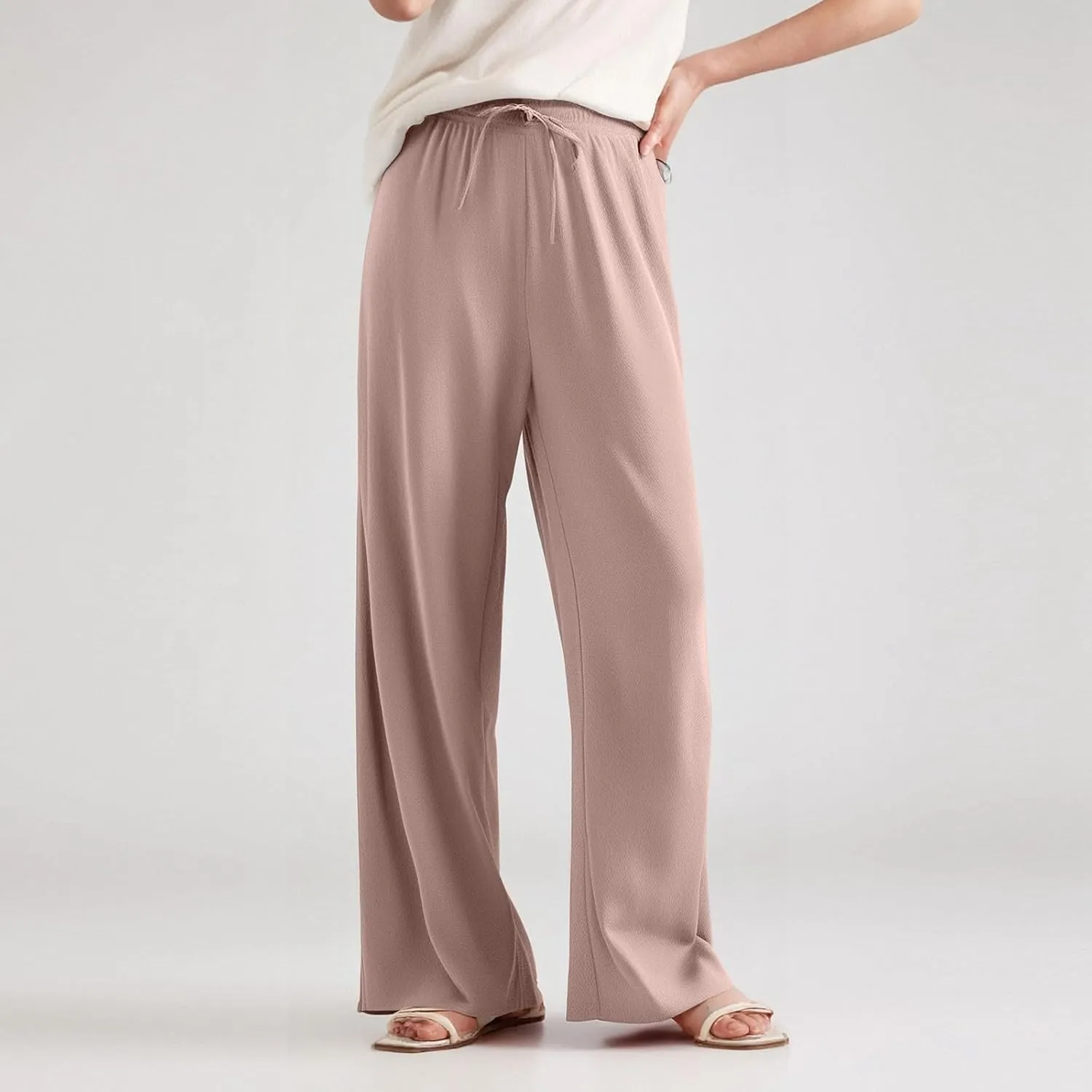 Women's Pants Wide Leg High Waisted Trousers Dressy Casual Drawstring Pleated Pull On Vacation Pants