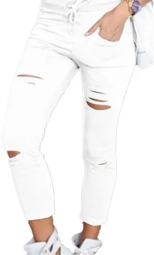 Women's Ripped Skinny Jeans Casual Pencil Denim Trousers High Waist Stretch Pants