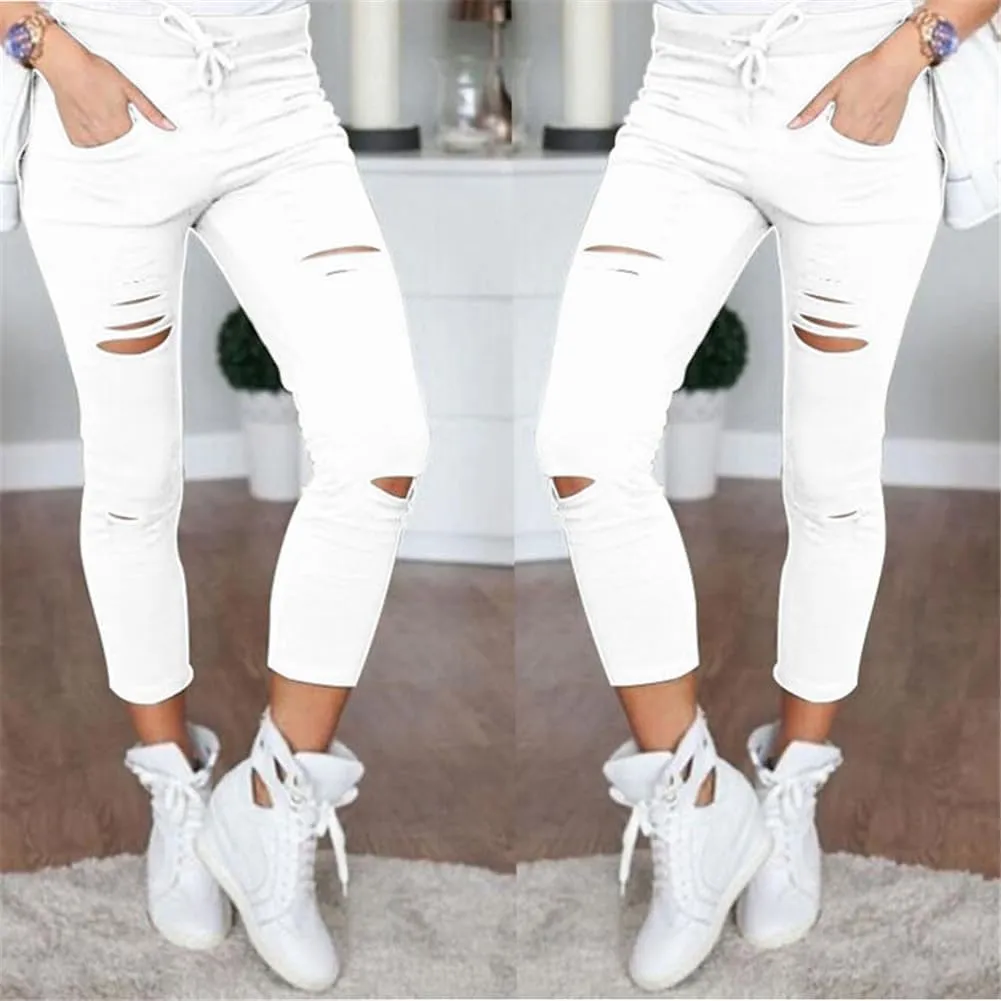 Women's Ripped Skinny Jeans Casual Pencil Denim Trousers High Waist Stretch Pants