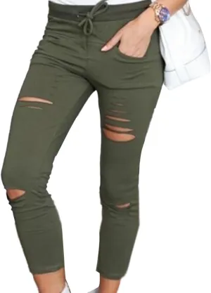 Women's Ripped Skinny Jeans Casual Pencil Denim Trousers High Waist Stretch Pants