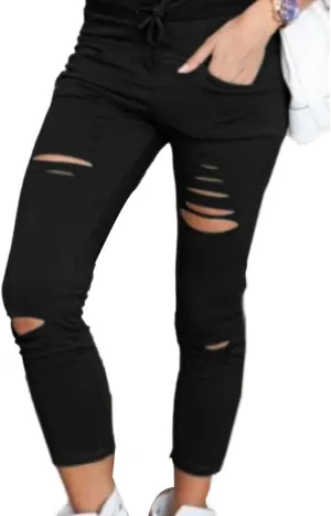 Women's Ripped Skinny Jeans Casual Pencil Denim Trousers High Waist Stretch Pants