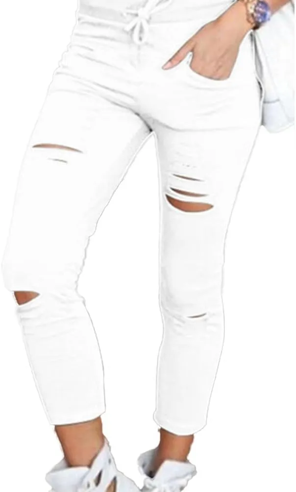 Women's Ripped Skinny Jeans Casual Pencil Denim Trousers High Waist Stretch Pants