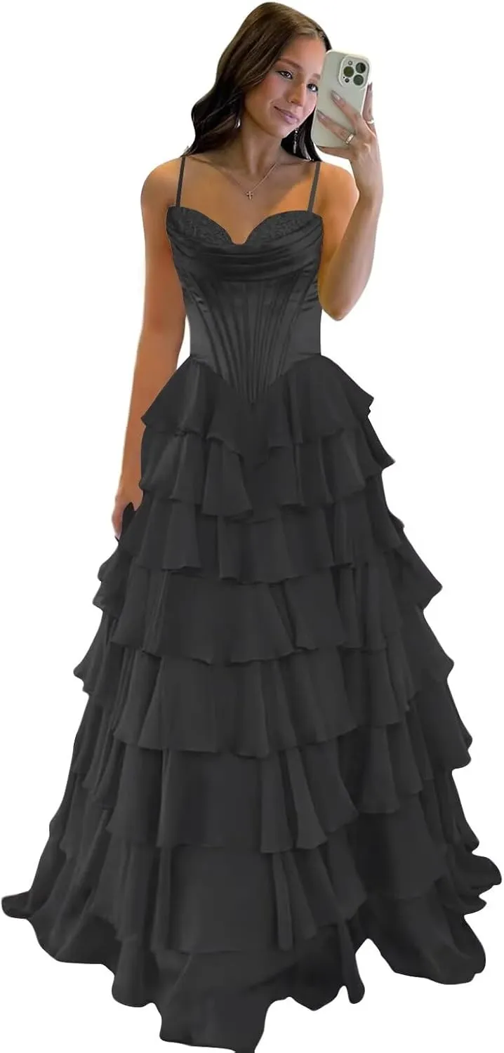 Womens Satin Corset Spaghetti Straps Prom Dresses with Slit Tiered Chiffon Sweetheart Formal Evening Dress HO034
