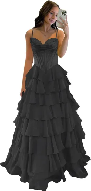 Womens Satin Corset Spaghetti Straps Prom Dresses with Slit Tiered Chiffon Sweetheart Formal Evening Dress HO034