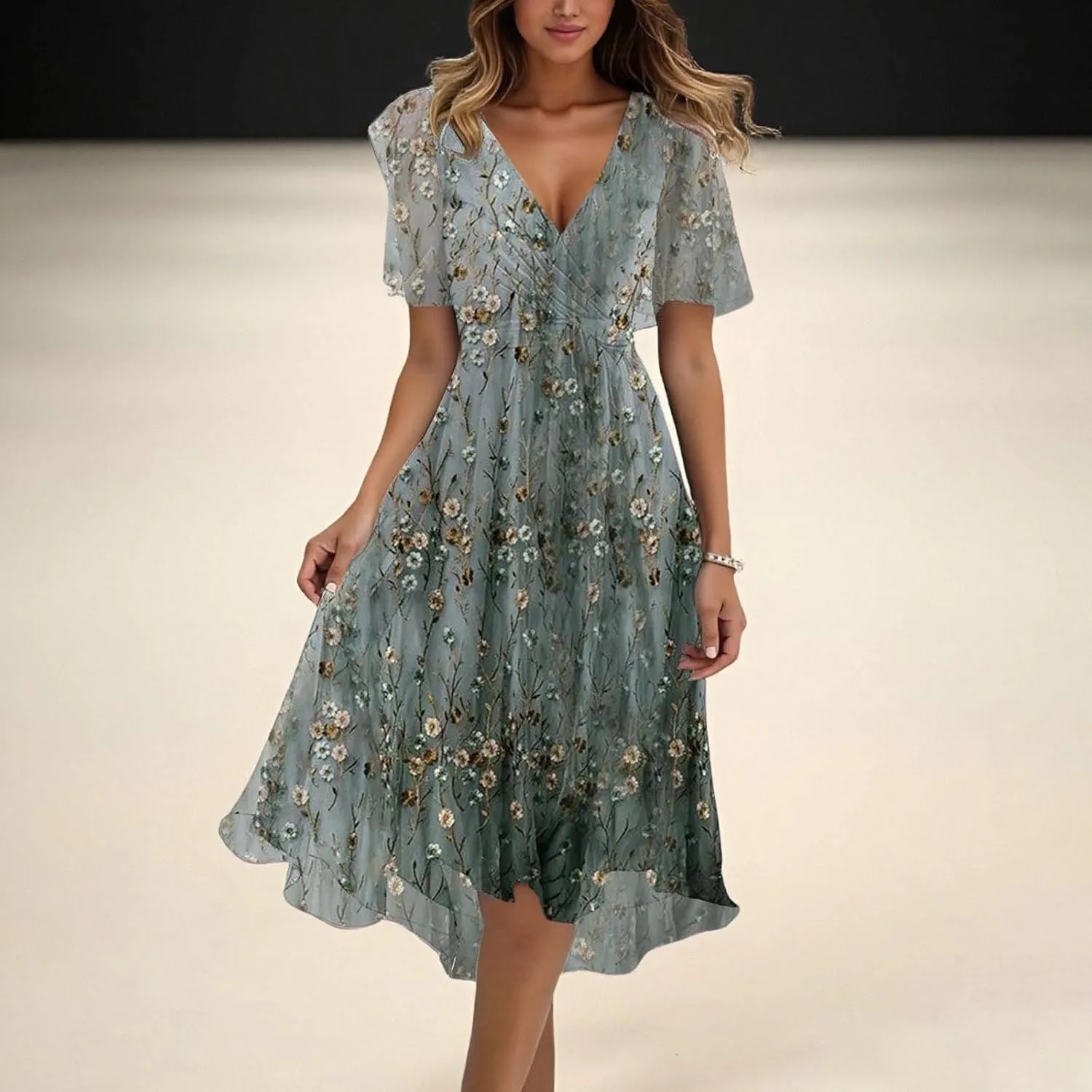 Womens Short Sleeve Dress Casual Plus Size Floral Print V-Neck Maxi Dresses A Line Flowy Beach Sundress
