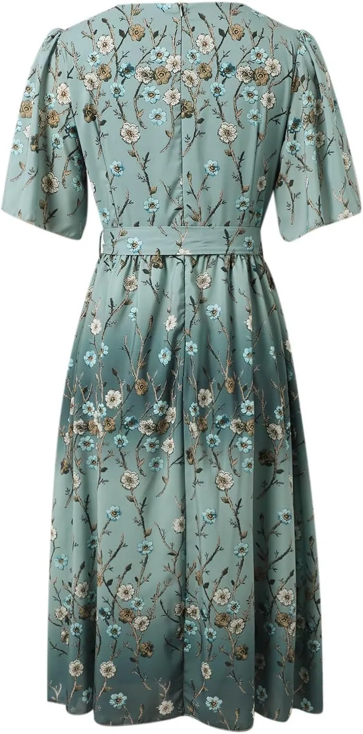 Womens Short Sleeve Dress Casual Plus Size Floral Print V-Neck Maxi Dresses A Line Flowy Beach Sundress