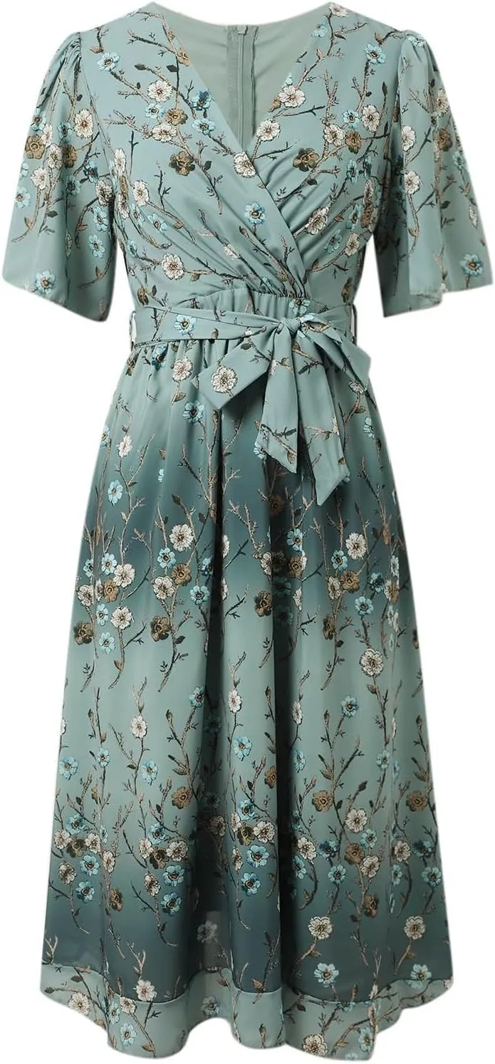 Womens Short Sleeve Dress Casual Plus Size Floral Print V-Neck Maxi Dresses A Line Flowy Beach Sundress