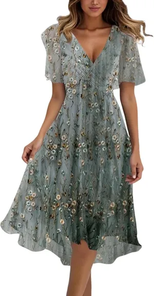 Womens Short Sleeve Dress Casual Plus Size Floral Print V-Neck Maxi Dresses A Line Flowy Beach Sundress