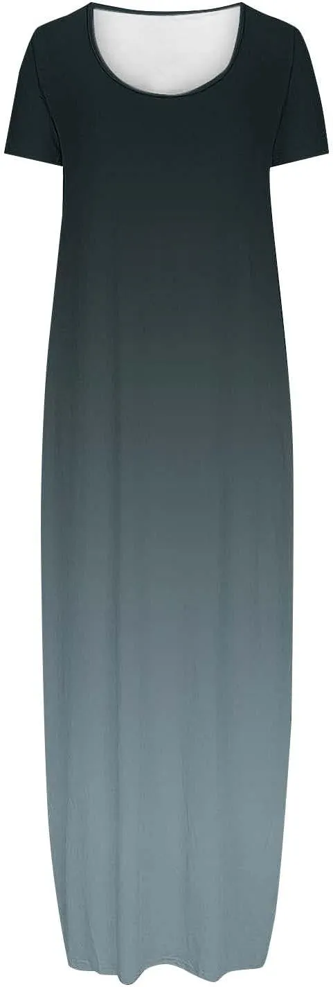 Women's Short Sleeve Loose Sundress Gradient Graphic Print Round Neck Beach Maxi Dresses Casual Trendy Clothes