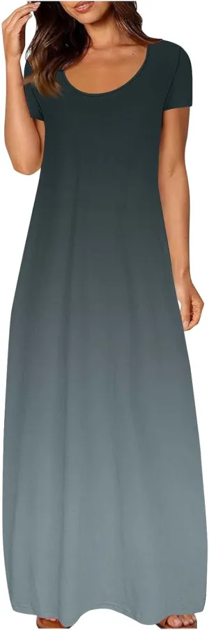Women's Short Sleeve Loose Sundress Gradient Graphic Print Round Neck Beach Maxi Dresses Casual Trendy Clothes