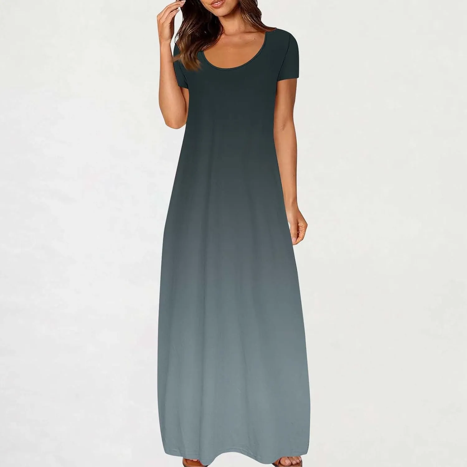 Women's Short Sleeve Loose Sundress Gradient Graphic Print Round Neck Beach Maxi Dresses Casual Trendy Clothes