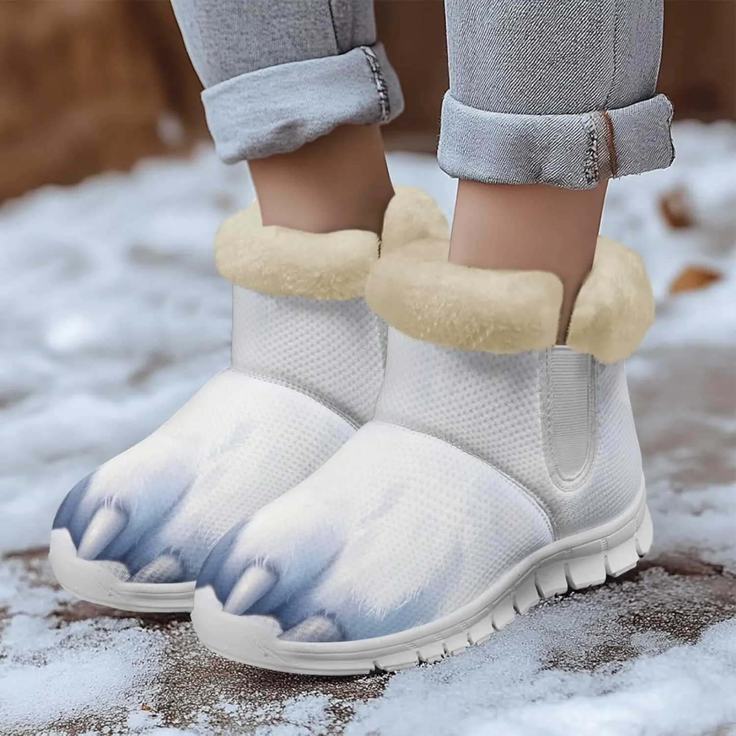 Womens Snow Boots White Sole Booties Short Ankle Boots Mid Calf Winter Boots Wide Width Slip On Boots Warm Shoes