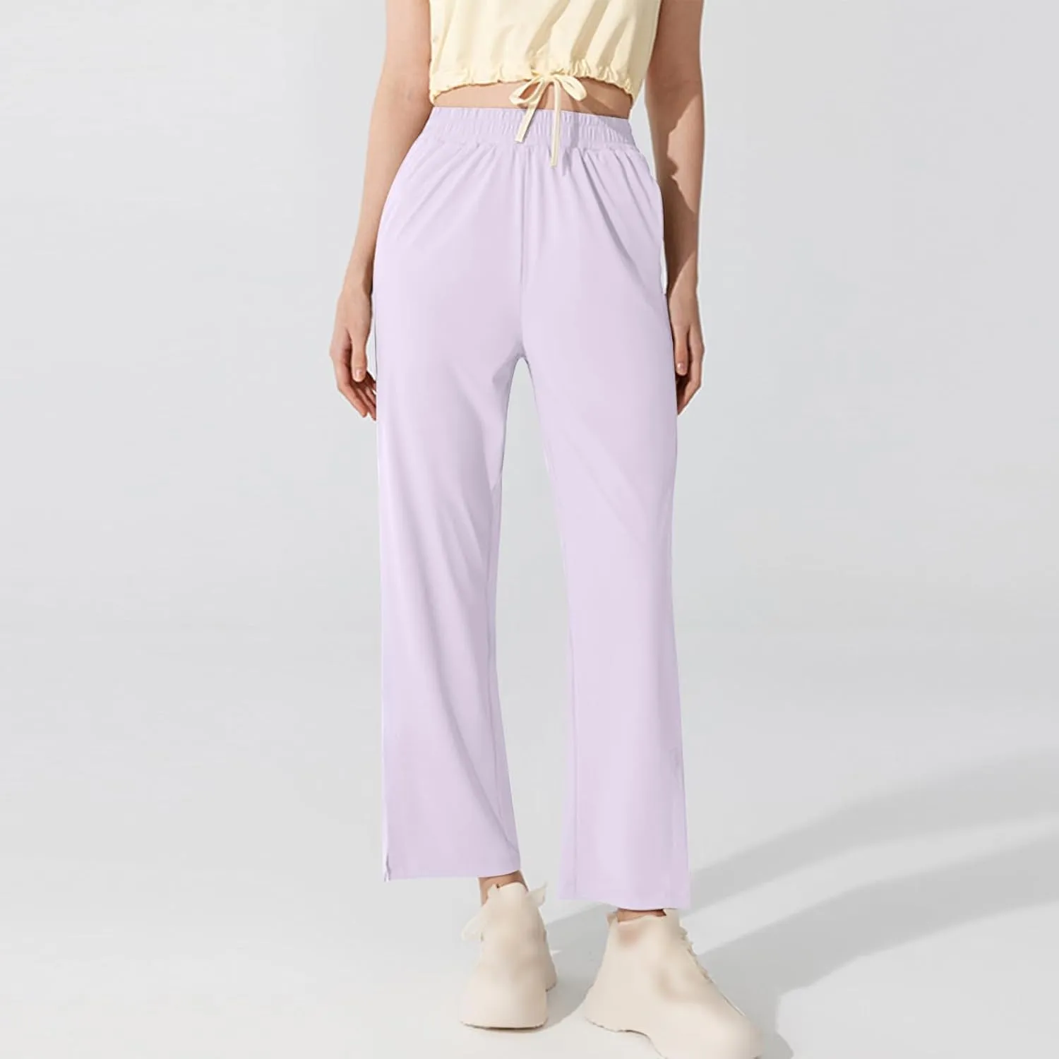 Women's Soft Stretch Lounge Yoga Pants with Pockets for Daily Wear Summer Casual High Waisted Split Hem Trousers
